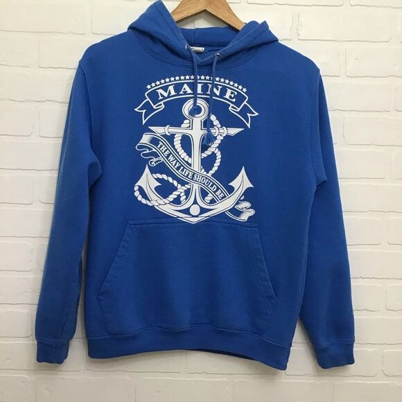 Just hoods BLUE hood sweatshirt nautical print anchor blue white hoodie  Small - Picture 11 of 11